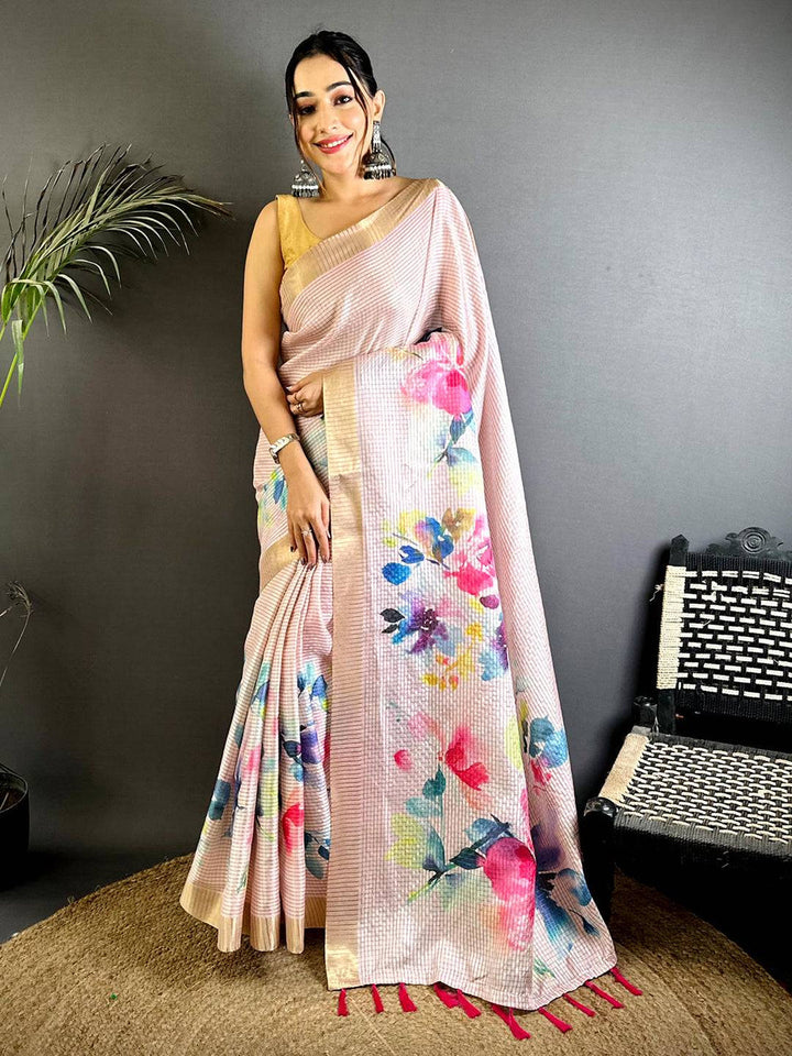 Peach Pink Soft Silk Saree with Watercolor Floral Digital Print & Subtle Golden Border