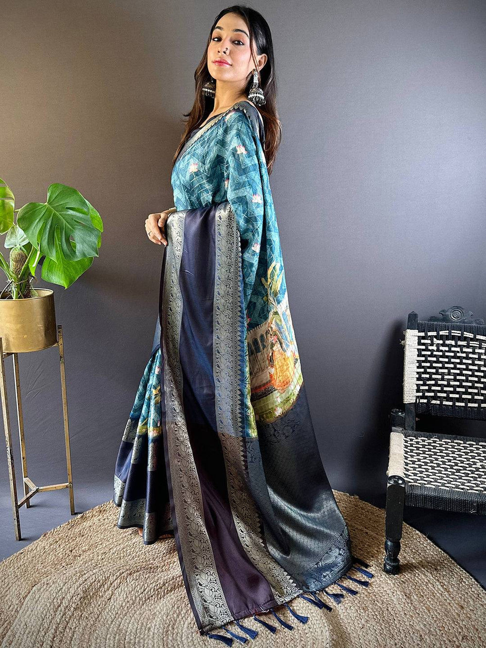 Teal Blue Linen Silk Saree with Silver Zari Border & Artistic Pallu