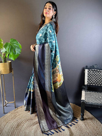 Teal Blue Linen Silk Saree with Silver Zari Border & Artistic Pallu