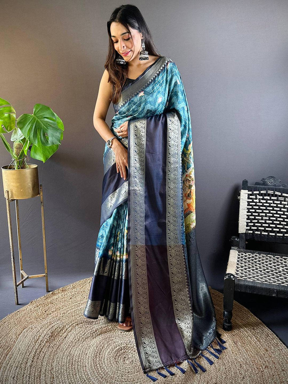 Teal Blue Linen Silk Saree with Silver Zari Border & Artistic Pallu