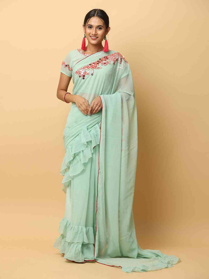 Mint Green Georgette Ruffle Saree with Embroidered Blouse