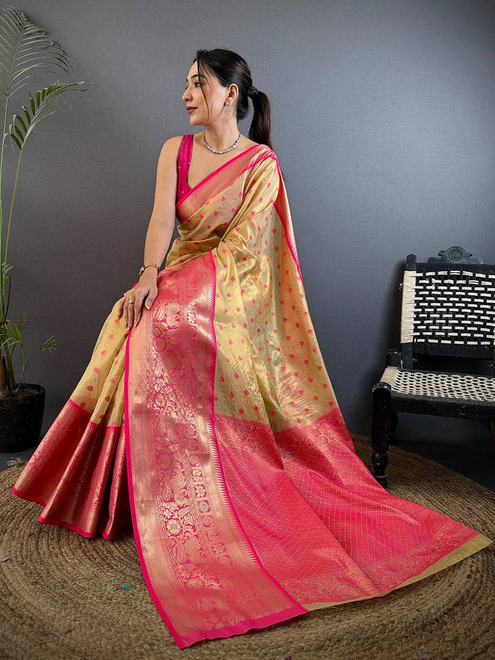 Golden Banarasi Silk Saree with Hot Pink Zari Border & Heart Motif Weaving