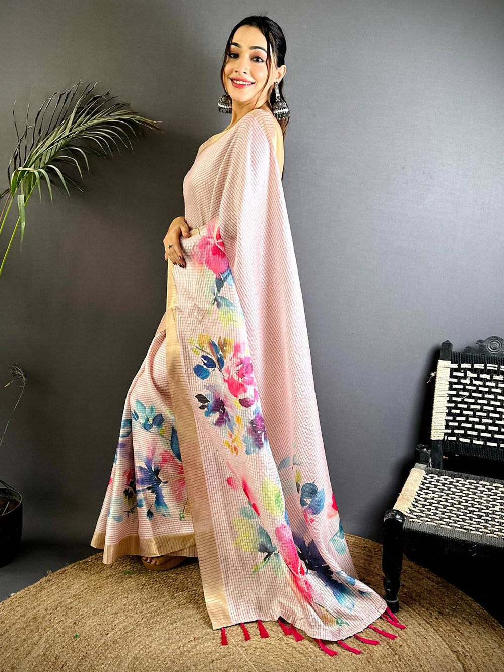Peach Pink Soft Silk Saree with Watercolor Floral Digital Print & Subtle Golden Border
