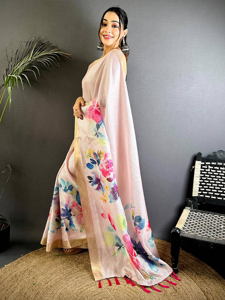Peach Pink Soft Silk Saree with Watercolor Floral Digital Print & Subtle Golden Border