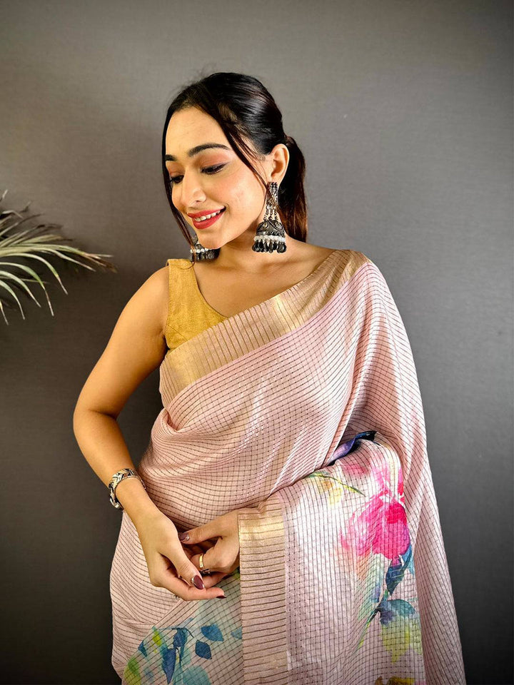 Peach Pink Soft Silk Saree with Watercolor Floral Digital Print & Subtle Golden Border