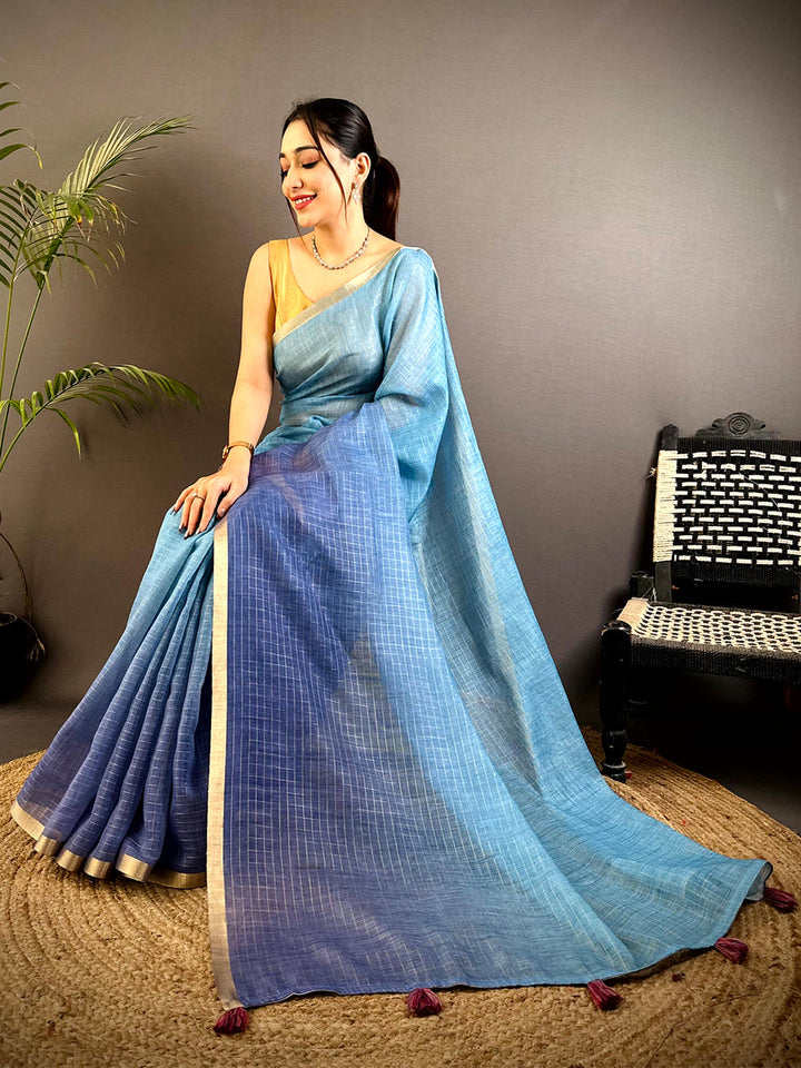 Sky Blue & Navy Blue Linen Soft Silk Saree with Subtle Check Weave and Minimal Golden Border