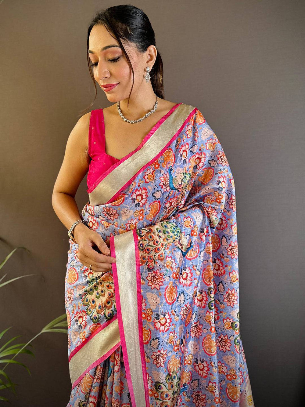 Pink & Lavender Printed Linen Silk Saree with Tassels and Abstract Floral Design