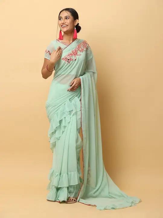 Mint Green Georgette Ruffle Saree with Embroidered Blouse