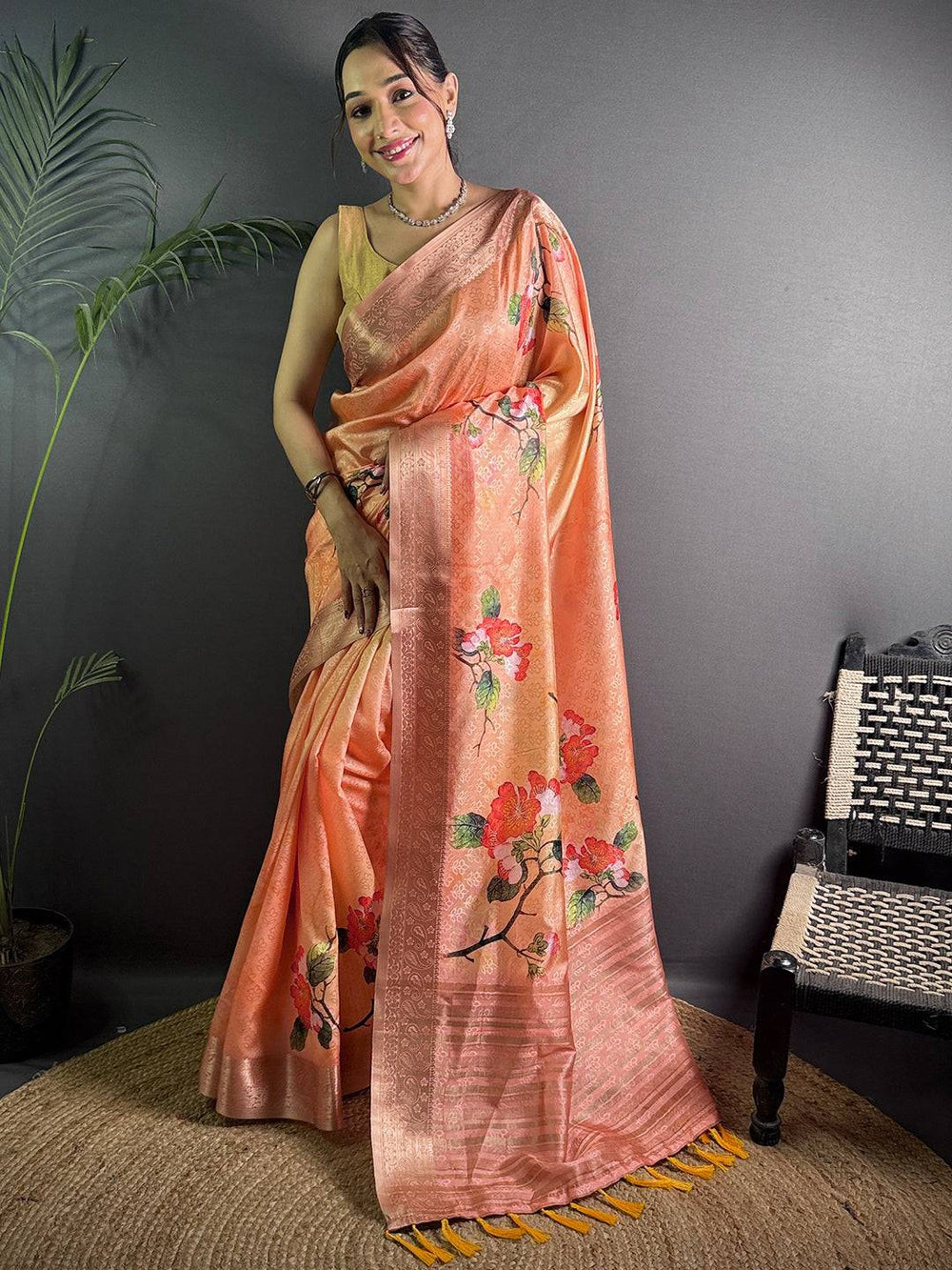 Peach Linen Silk Saree with Floral Print & Zari Border
