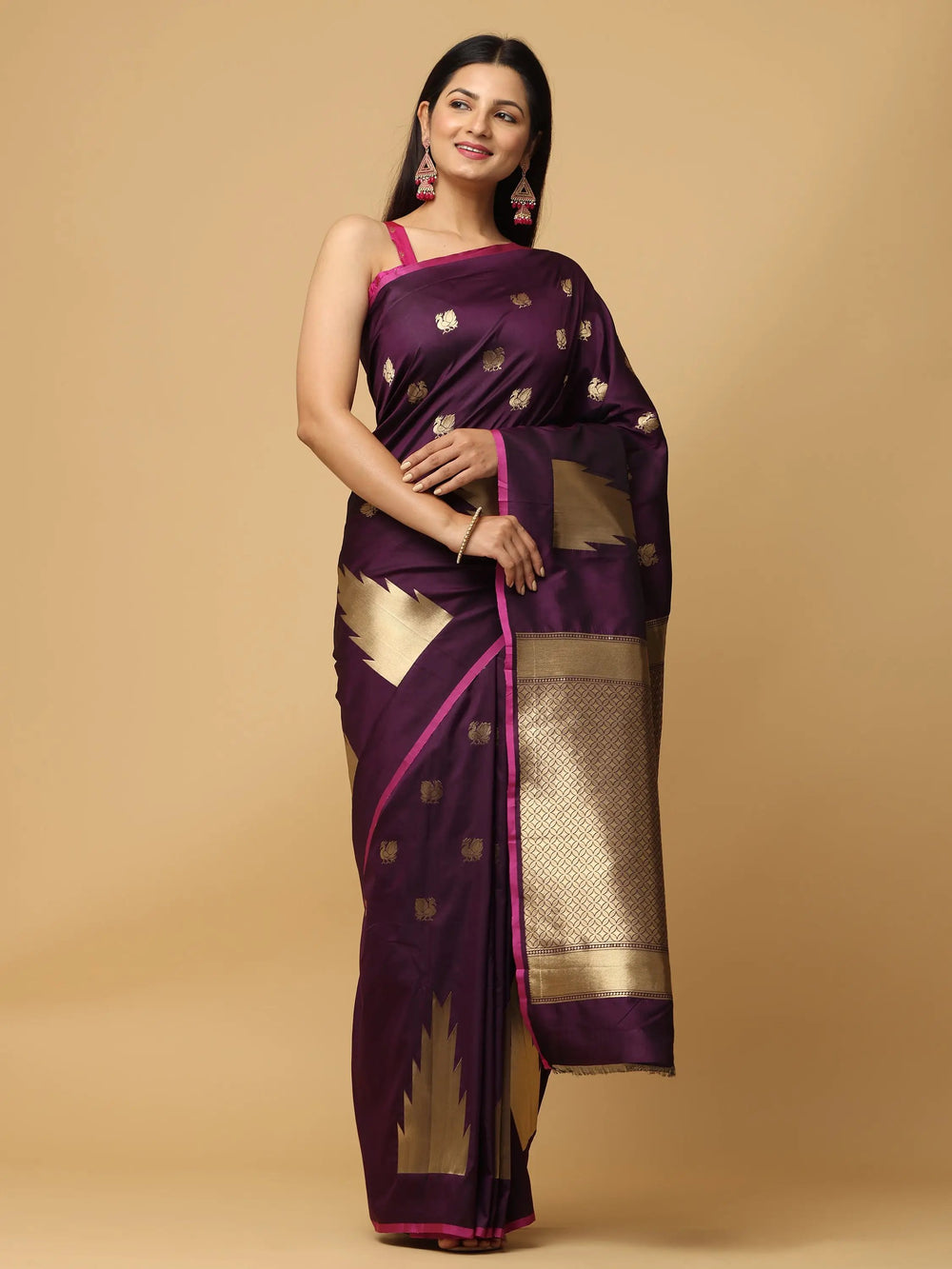 Purple Banarasi Silk Saree with Golden Zari Weaving & Contrast Pink Border