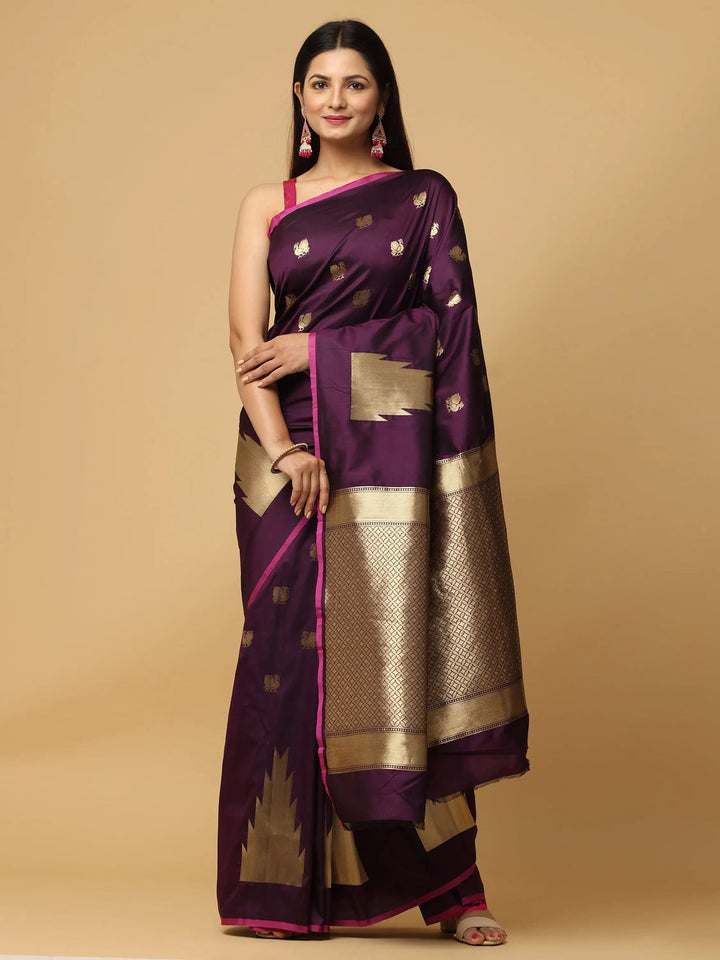 Purple Banarasi Silk Saree with Golden Zari Weaving & Contrast Pink Border
