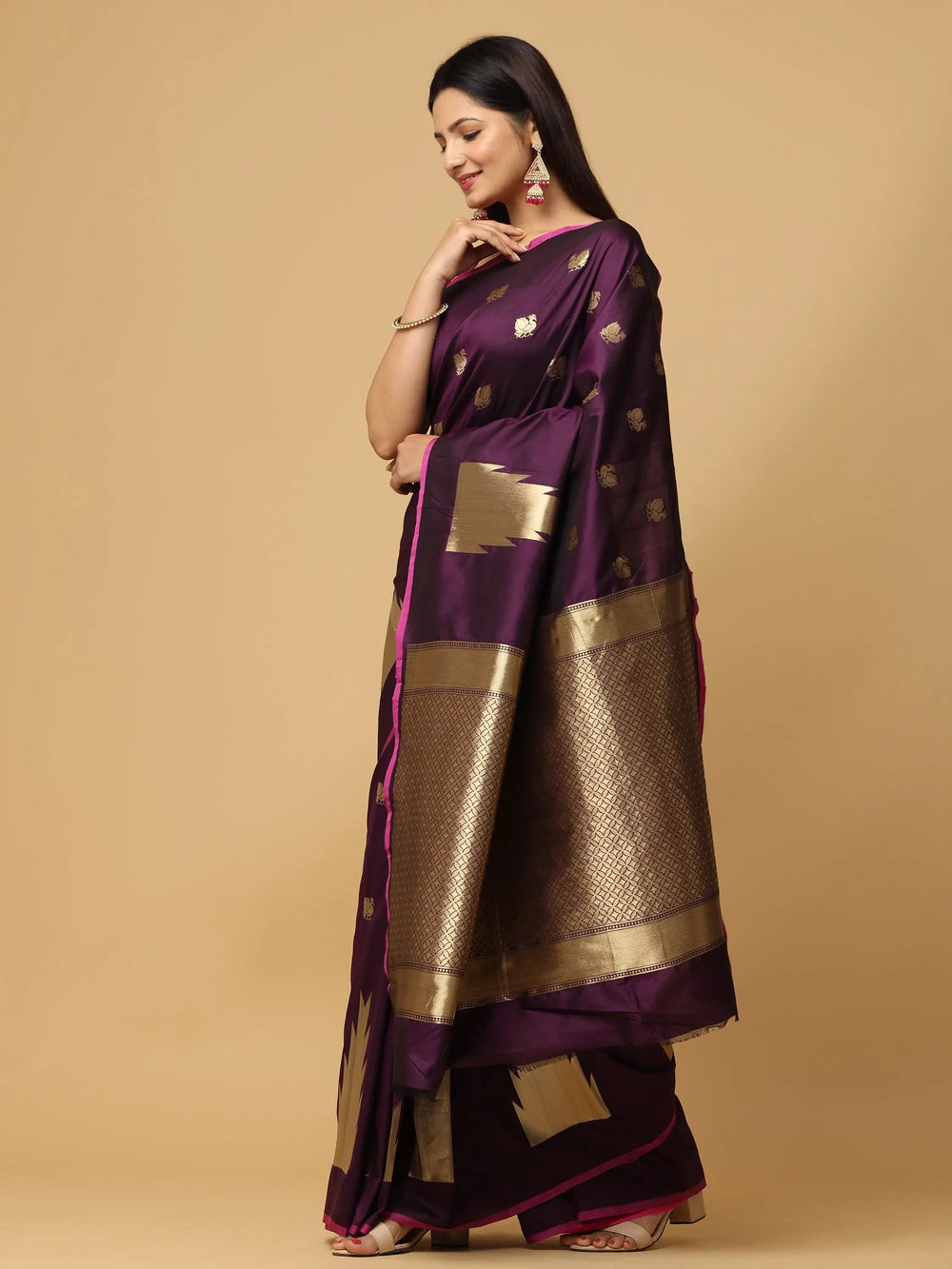 Purple Kanjivaram Silk Saree for Women with Golden Zari Weaving
