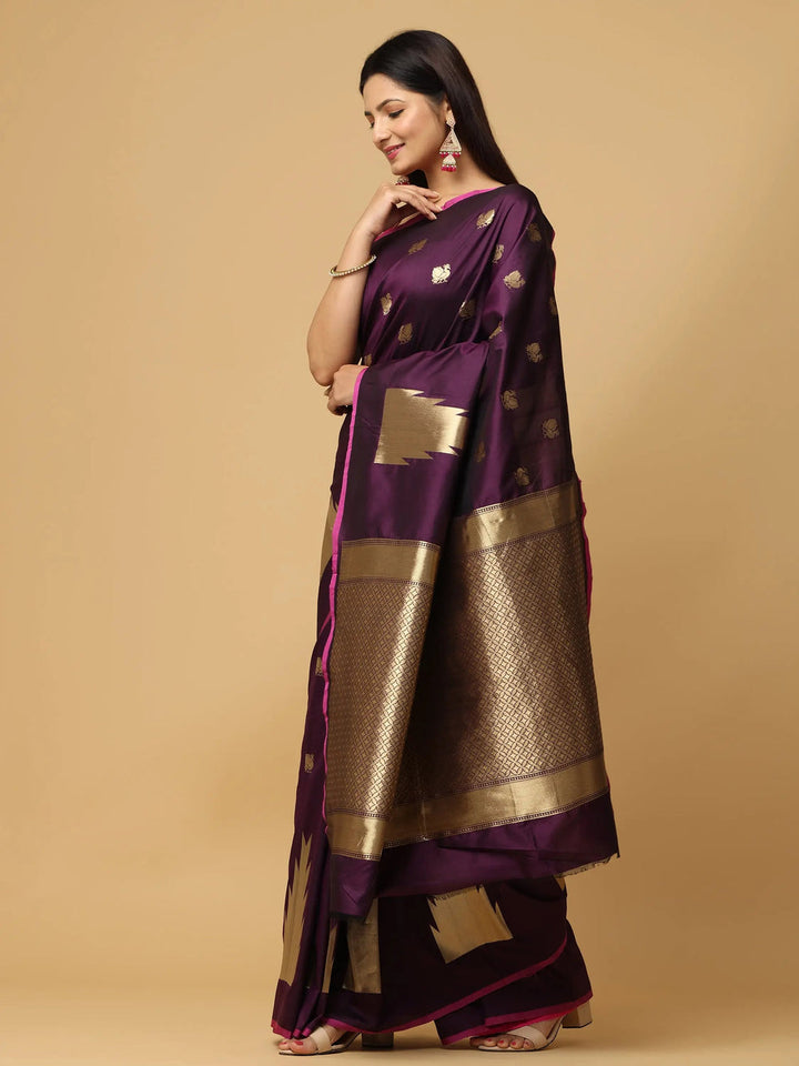 Purple Banarasi Silk Saree with Golden Zari Weaving & Contrast Pink Border
