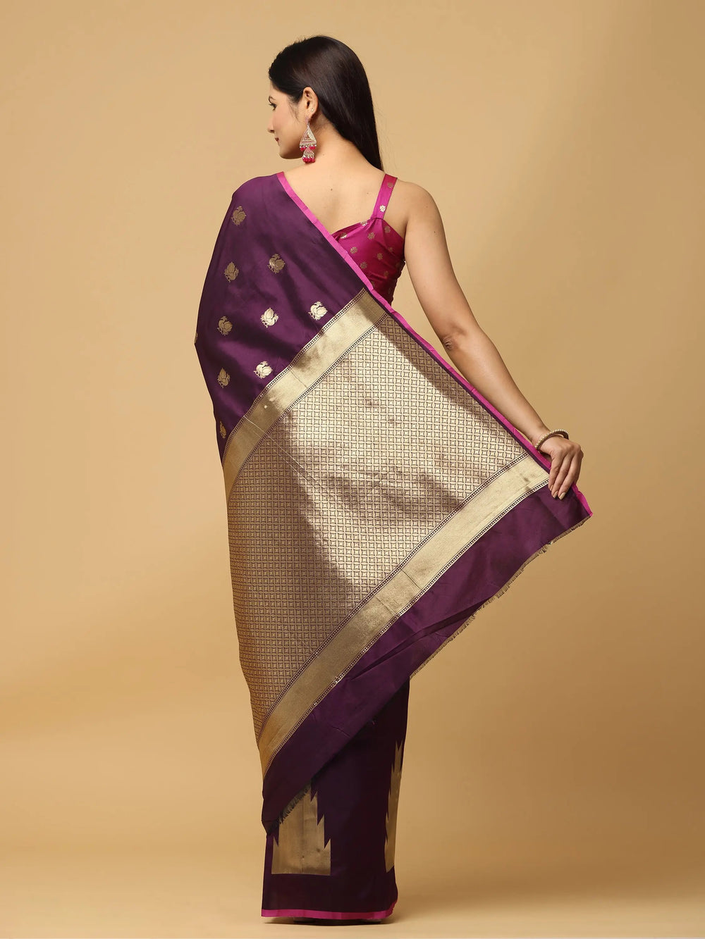 Purple Banarasi Silk Saree with Golden Zari Weaving & Contrast Pink Border