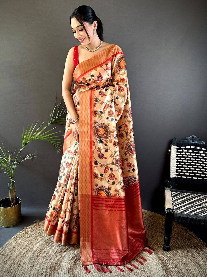 Beige & Maroon Soft Silk Saree for Women with Traditional Kalamkari Print