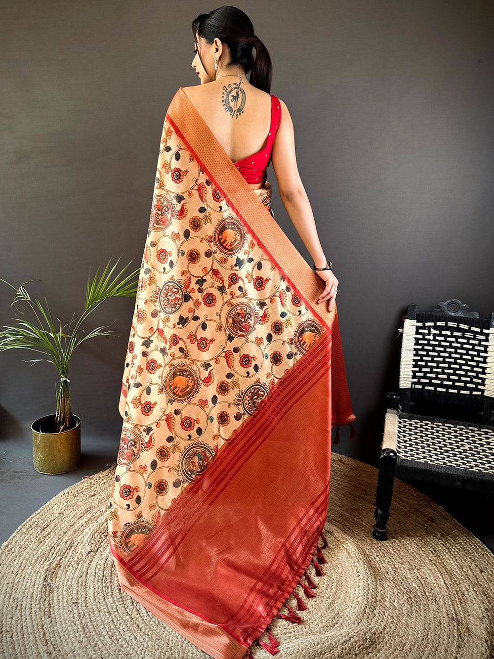 Beige & Maroon Soft Silk Saree for Women with Traditional Kalamkari Print