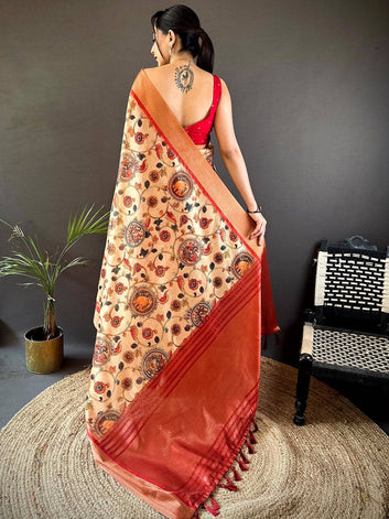 Beige & Maroon Soft Silk Saree for Women with Traditional Kalamkari Print