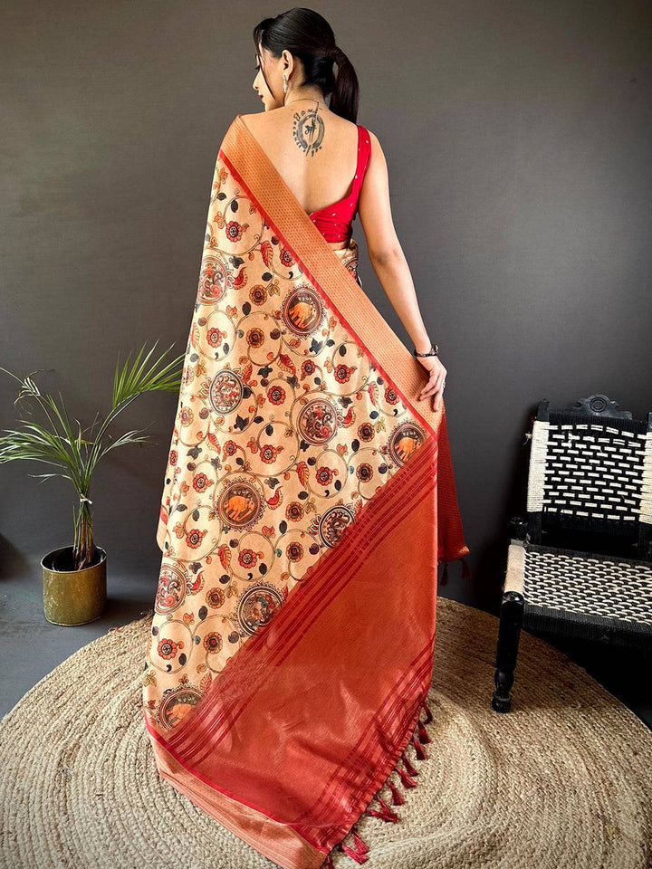 Beige & Maroon Soft Silk Saree for Women with Traditional Kalamkari Print