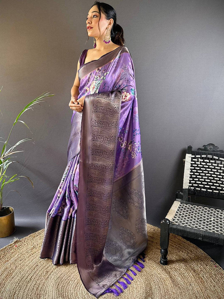 Purple Floral Printed Banarasi Silk Saree for Women with Zari Weaving Border & Tassels