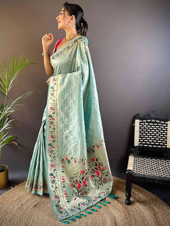 Mint Green Banarasi Silk Saree with Floral Embroidery & Textured Weave