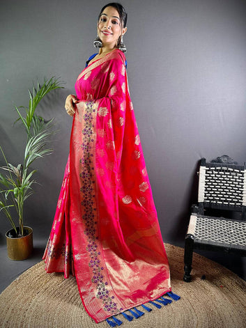 Rani Pink Banarasi Silk Saree with Golden Zari Weaving & Floral Border