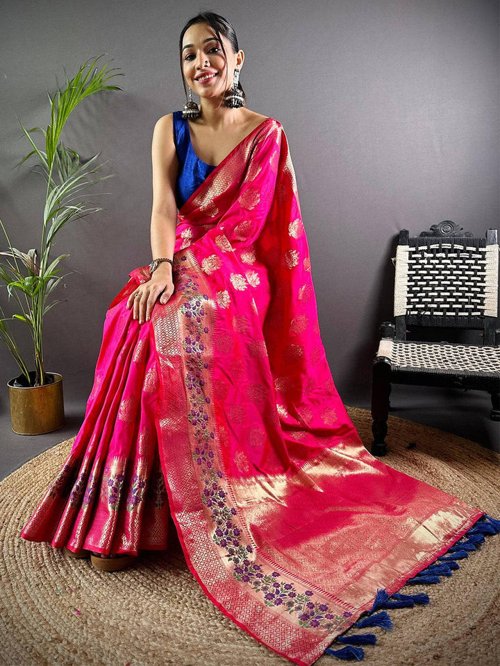 Pink Kanjivaram Banarasi Silk Saree for Women with Golden Zari Weaving & Floral Border