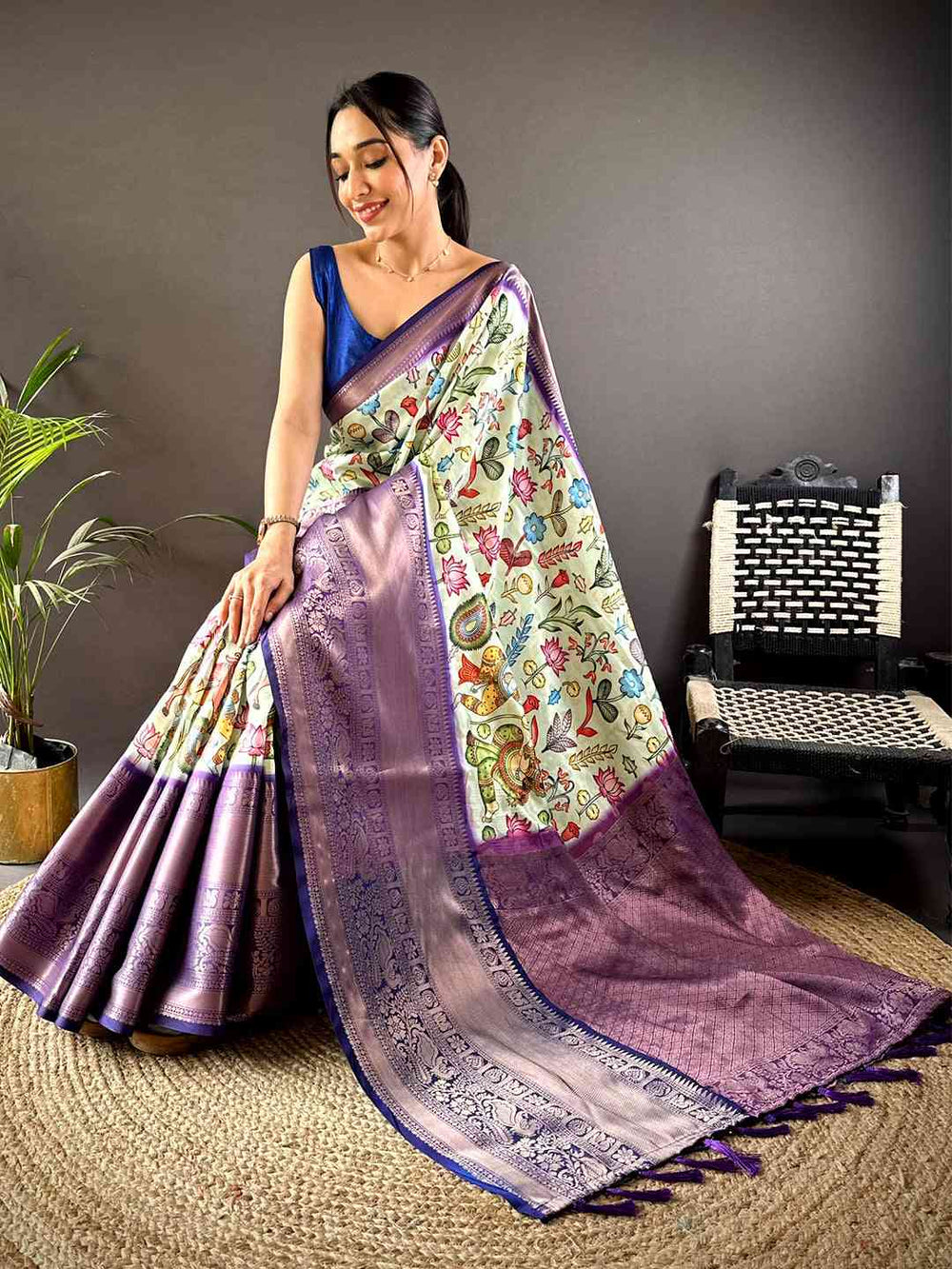 Purple Linen Saree with Floral Digital Print & Rich Woven Border