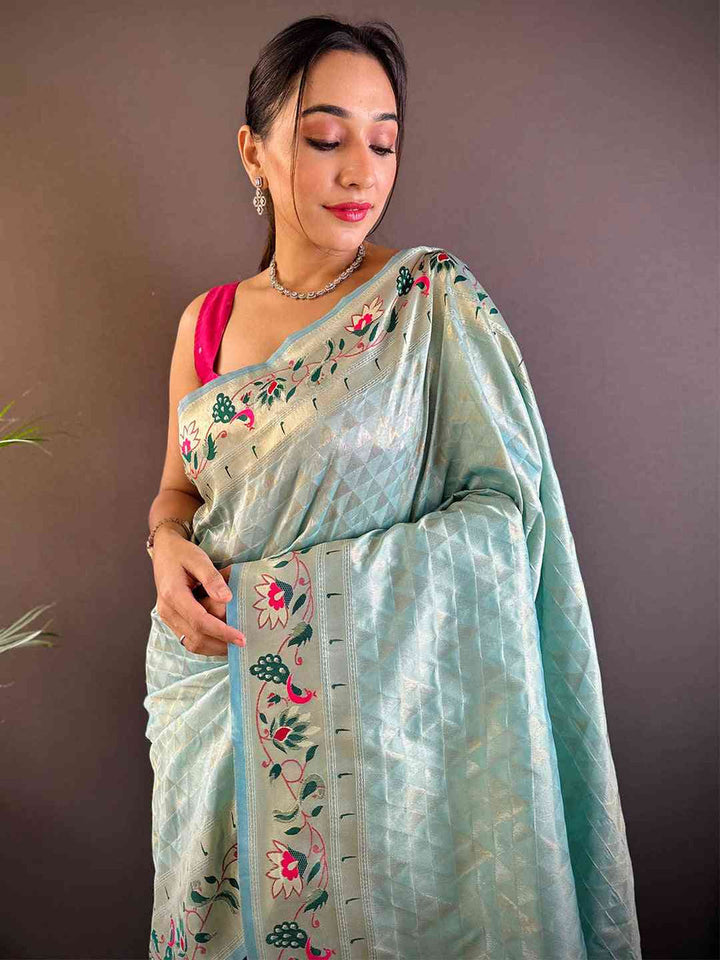 Pastel Green Embroidered Silk Saree for Women with Floral Weaving Border & Tassels