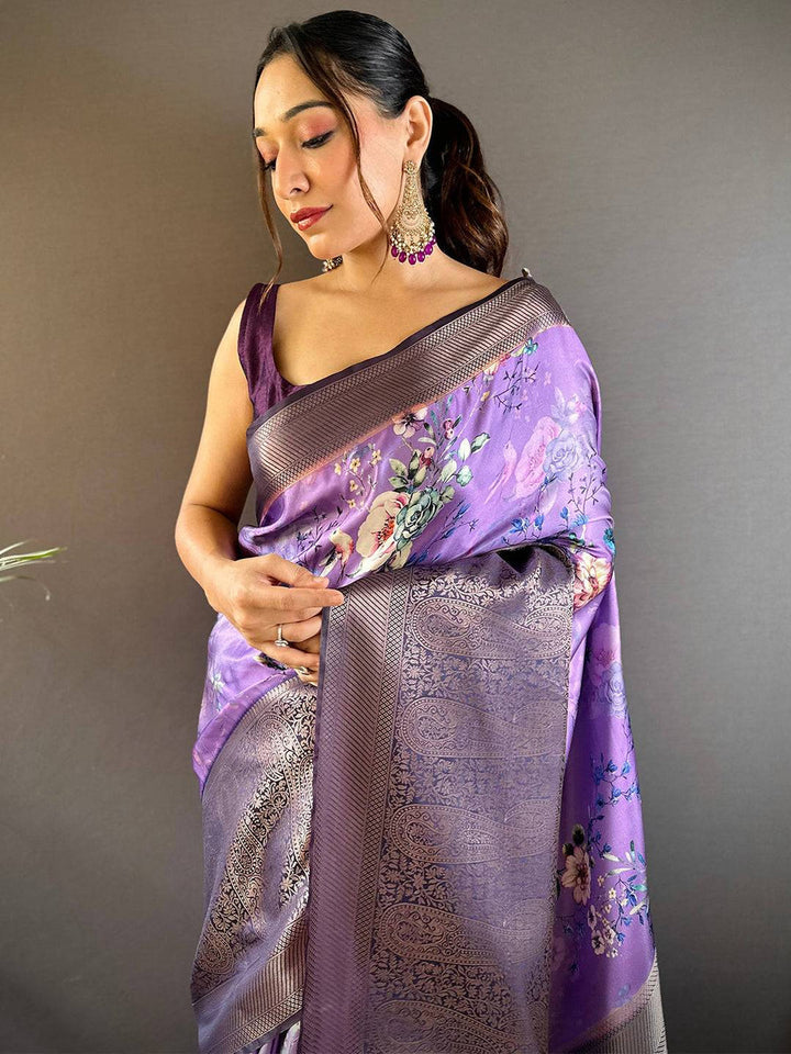 Purple Floral Printed Banarasi Silk Saree for Women with Zari Weaving Border & Tassels
