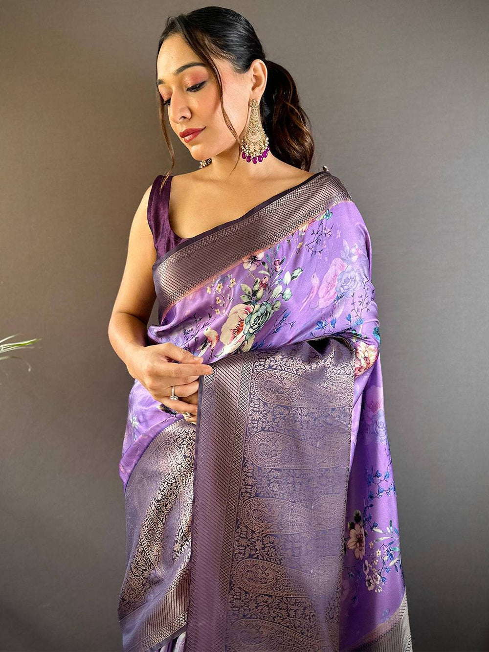 Lavender Banarasi Silk Saree with Floral Print & Rich Zari Weaving