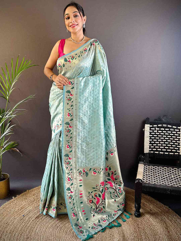 Mint Green Banarasi Silk Saree with Floral Embroidery & Textured Weave