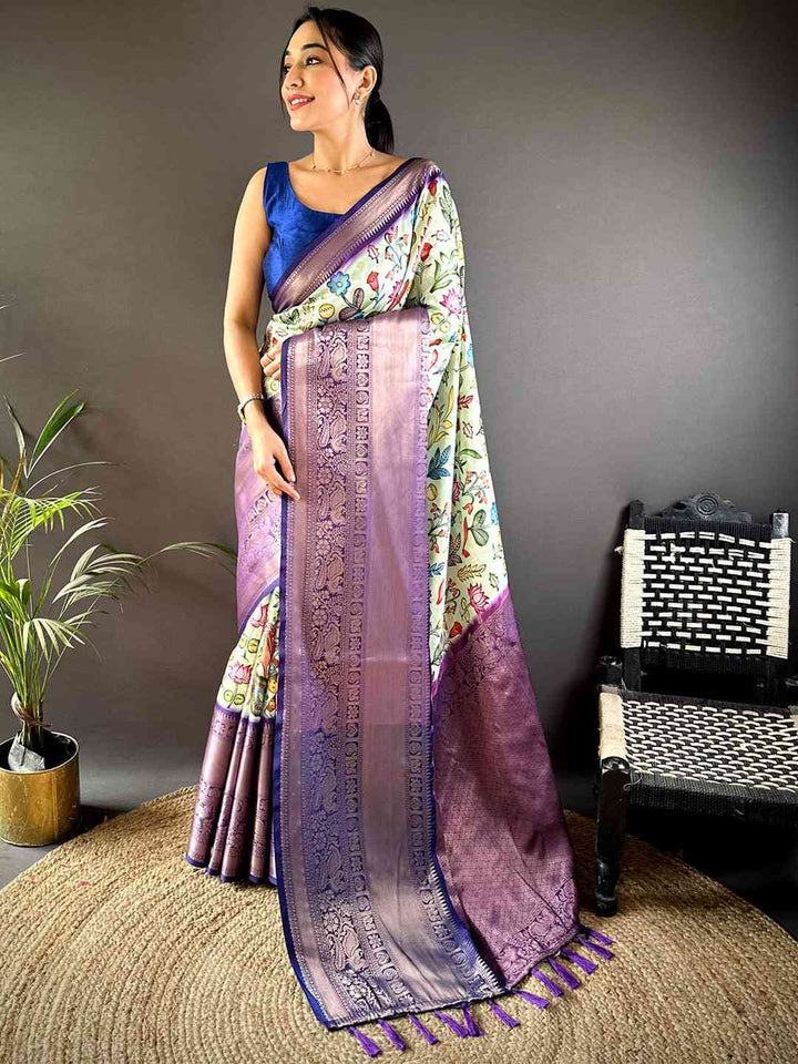 Purple Linen Saree with Floral Digital Print & Rich Woven Border