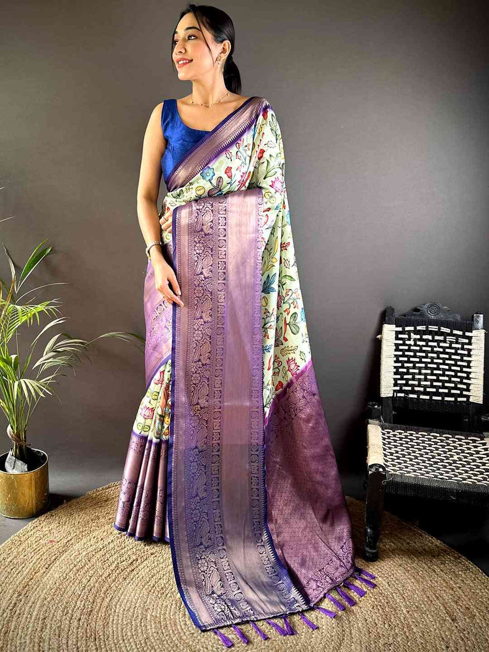Lavender Soft Silk Saree with Cream Floral Print & Rich Purple Zari Pallu
