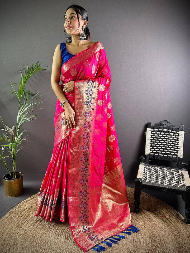 Pink Kanjivaram Banarasi Silk Saree for Women with Golden Zari Weaving & Floral Border