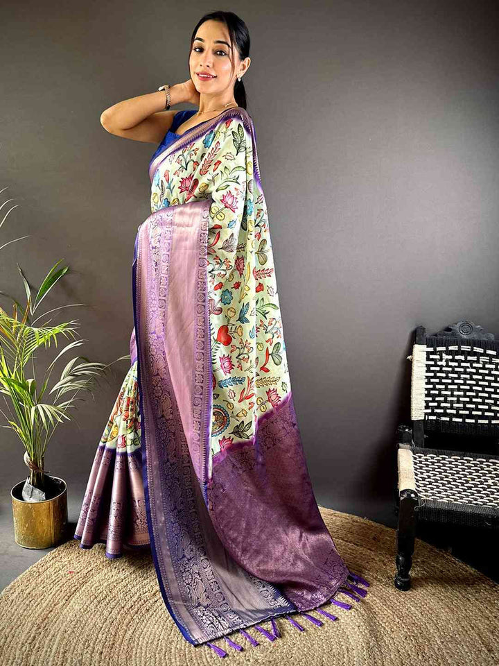 Lavender Soft Silk Saree with Cream Floral Print & Rich Purple Zari Pallu