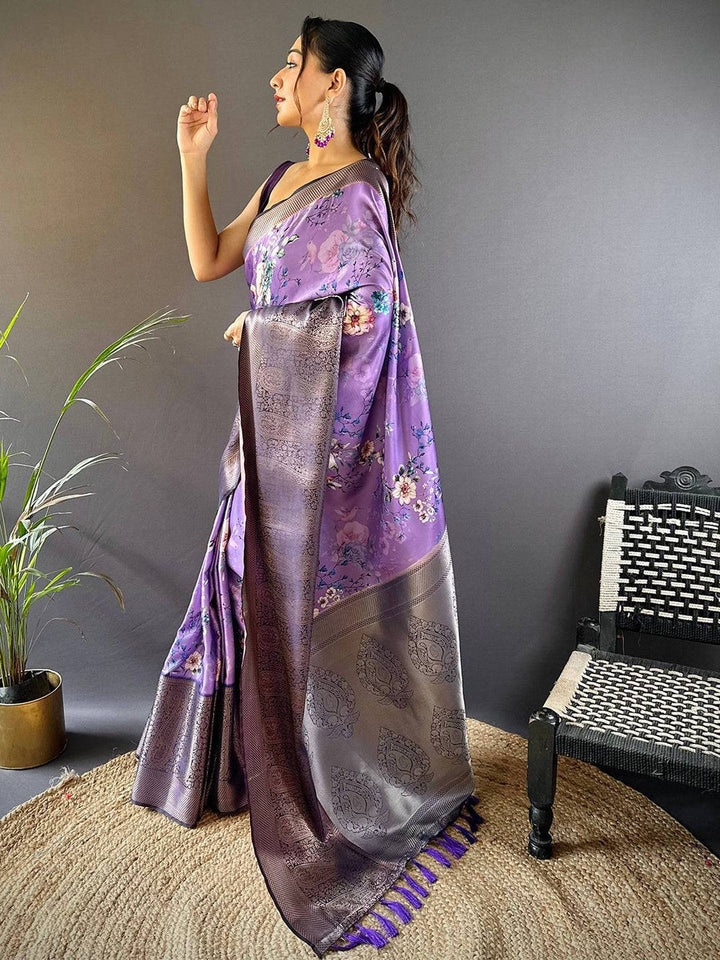 Purple Floral Printed Banarasi Silk Saree for Women with Zari Weaving Border & Tassels