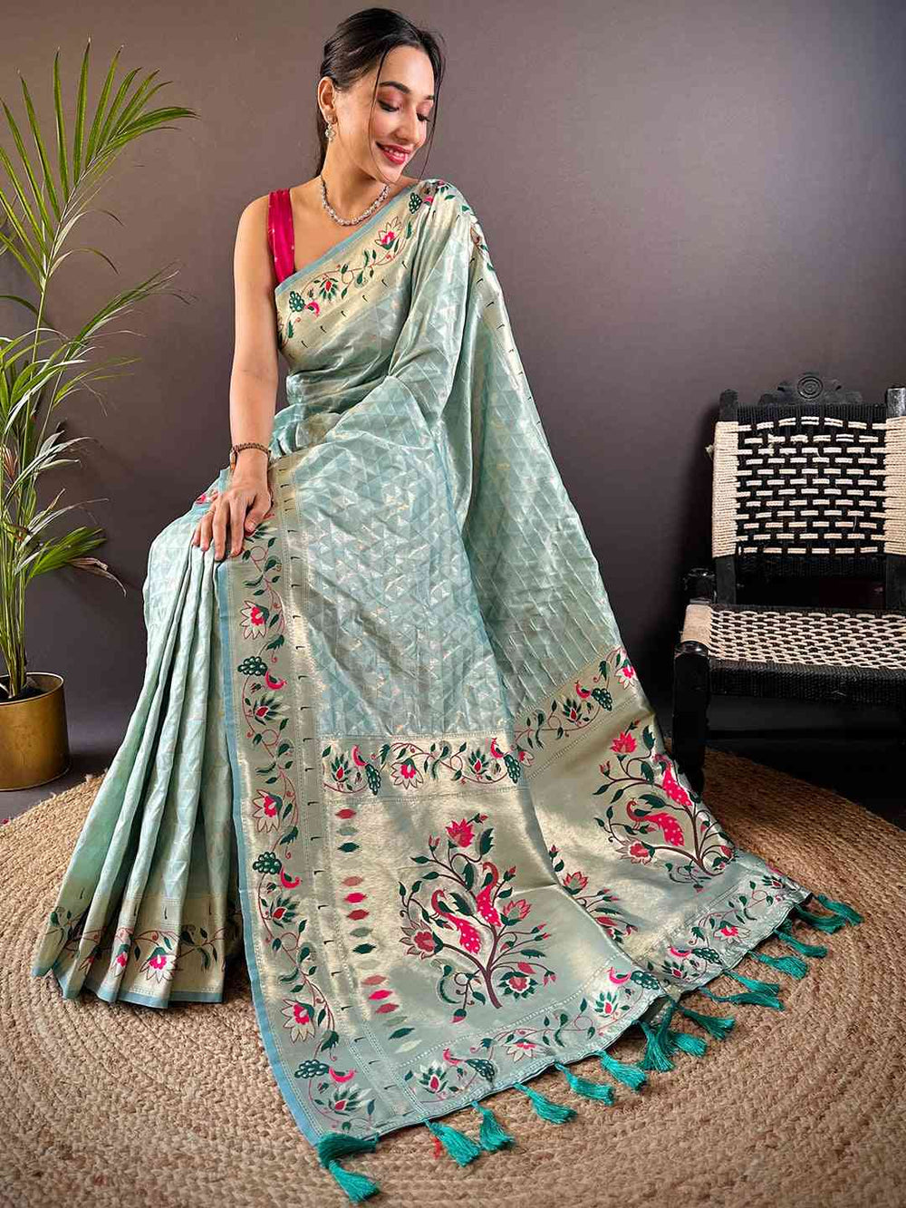 Pastel Mint Soft Silk Saree with Embroidered Floral Border & Pallu