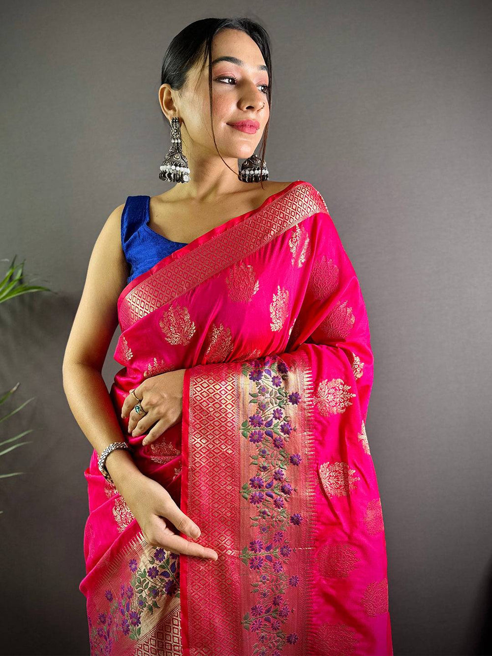 Pink Kanjivaram Banarasi Silk Saree for Women with Golden Zari Weaving & Floral Border