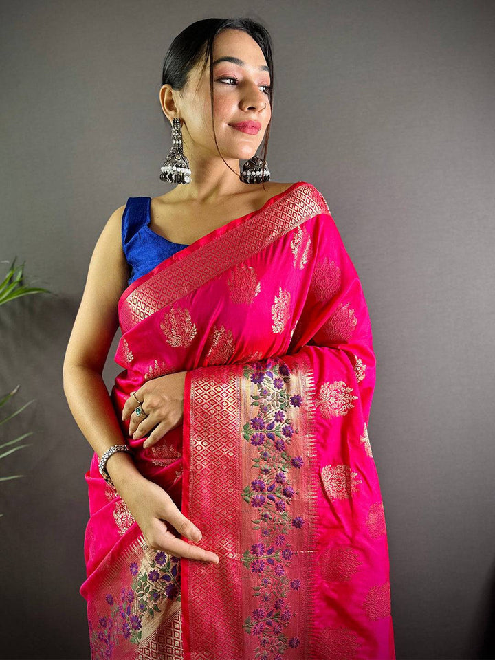 Bright Pink Soft Silk Saree with Gold Zari Weaving & Floral Pallu