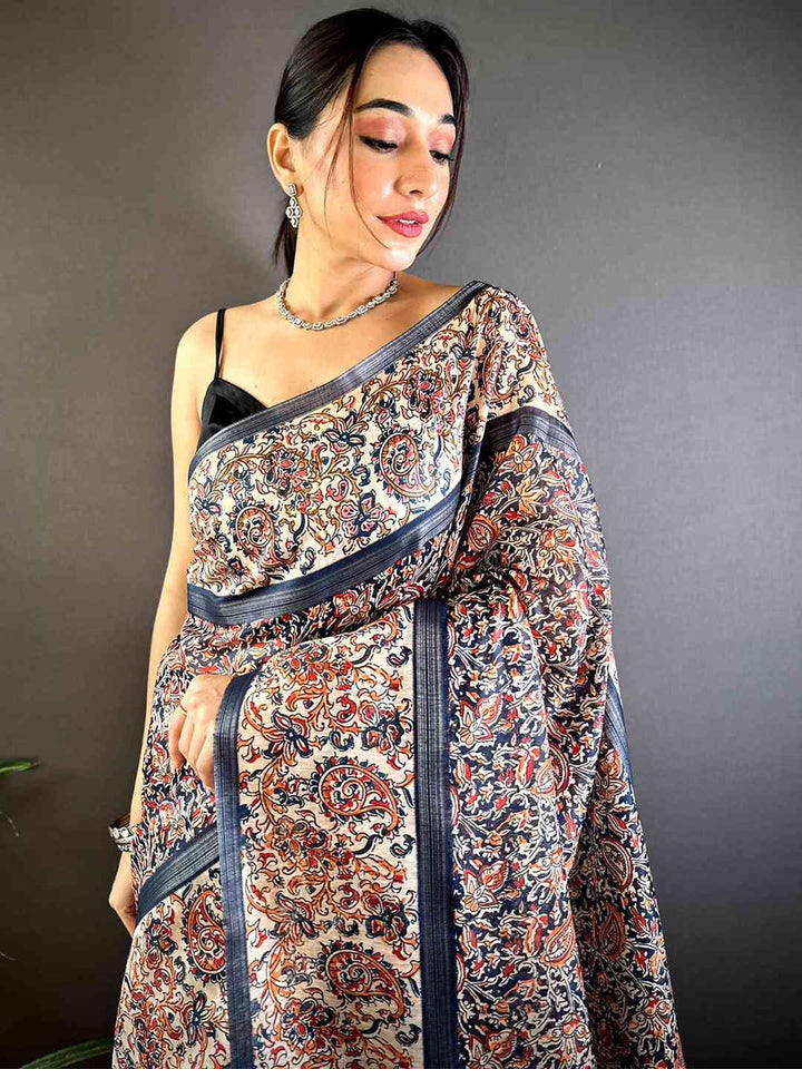 Grey & Multicolor Ethnic Print Silk Saree with Tassel Pallu