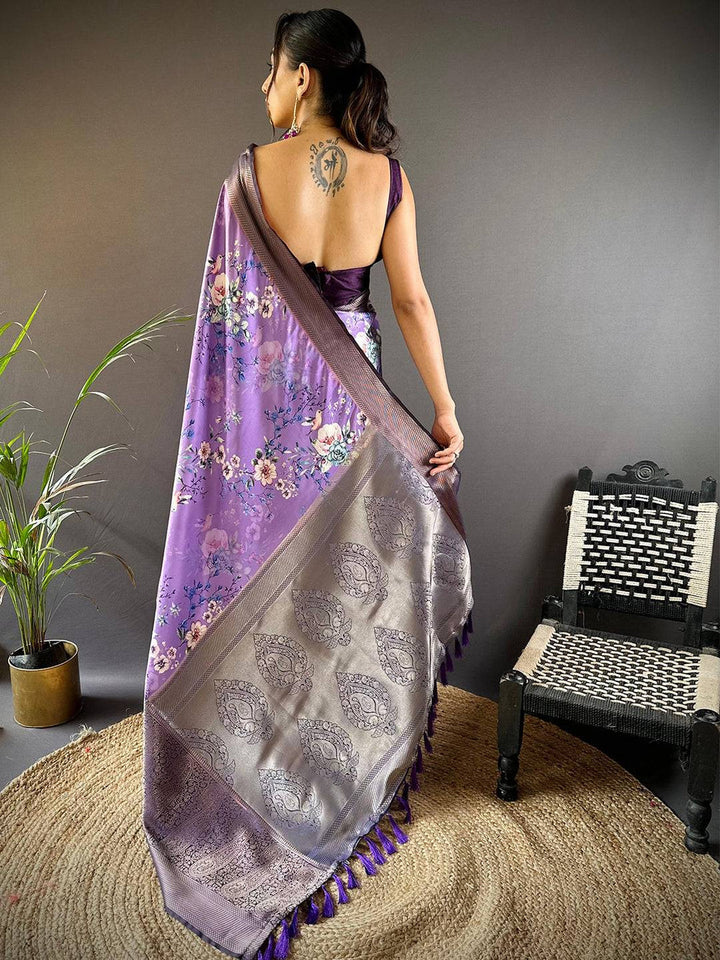 Purple Floral Printed Banarasi Silk Saree for Women with Zari Weaving Border & Tassels