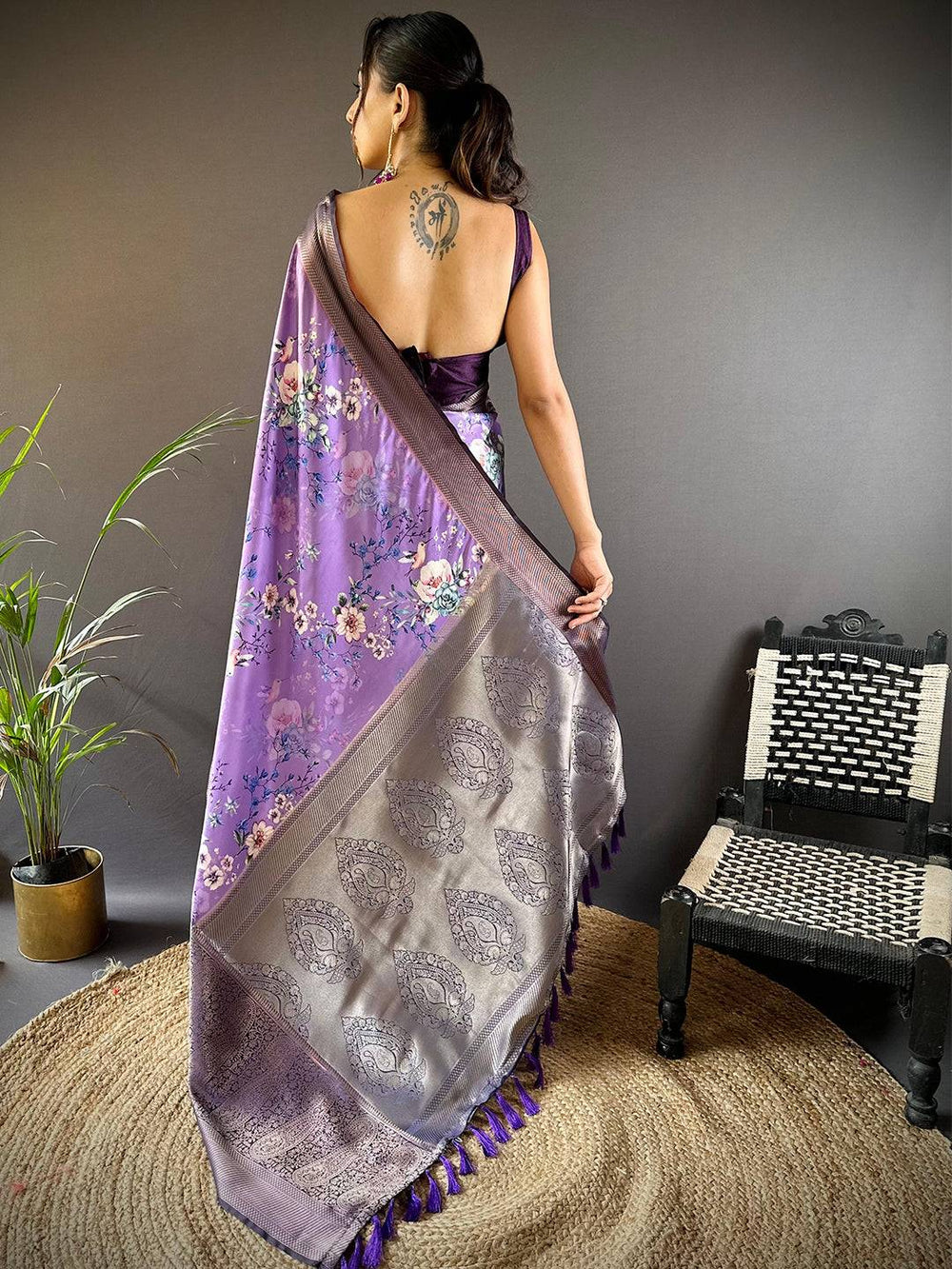 Lavender Banarasi Silk Saree with Floral Print & Rich Zari Weaving