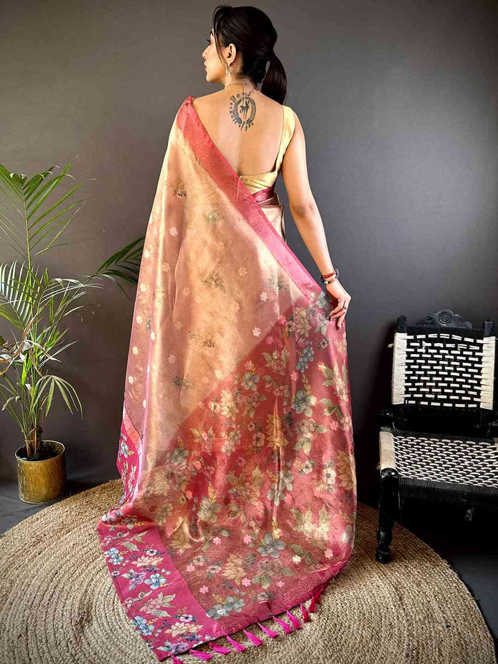 Peach & Pink Floral Linen Saree with Woven Border and Tassel Pallu