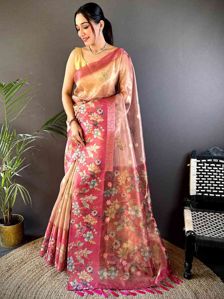 Peach & Pink Floral Linen Saree with Woven Border and Tassel Pallu