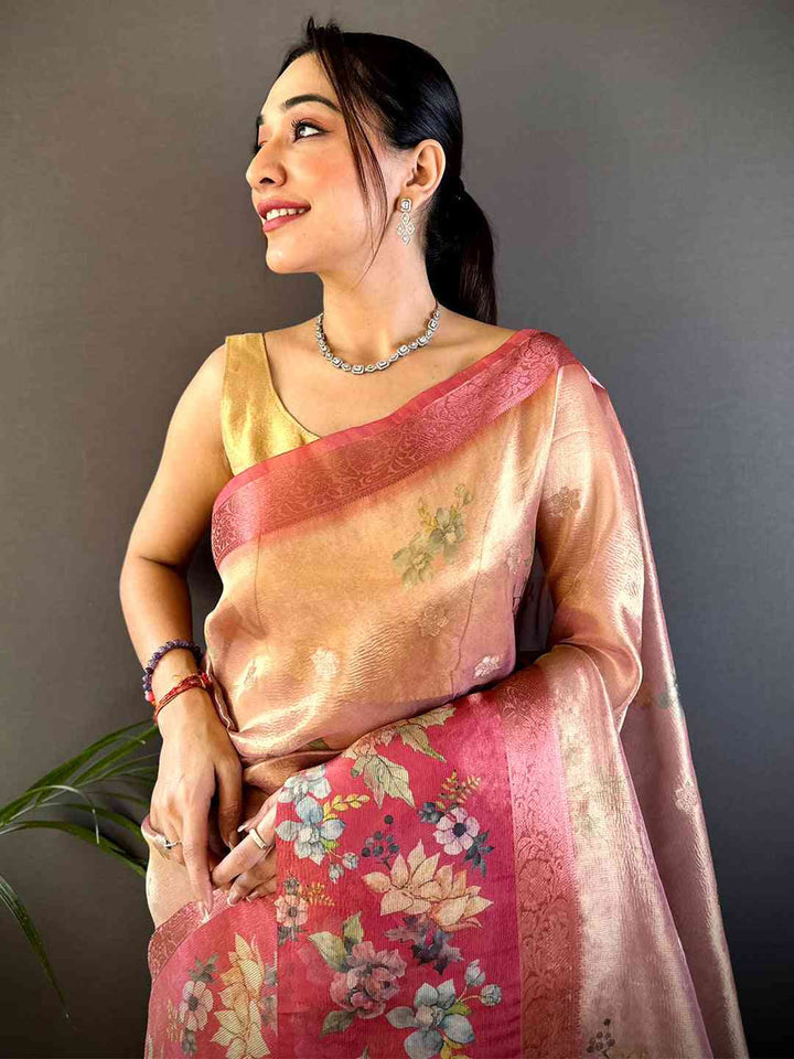 Peach & Pink Floral Linen Saree with Woven Border and Tassel Pallu