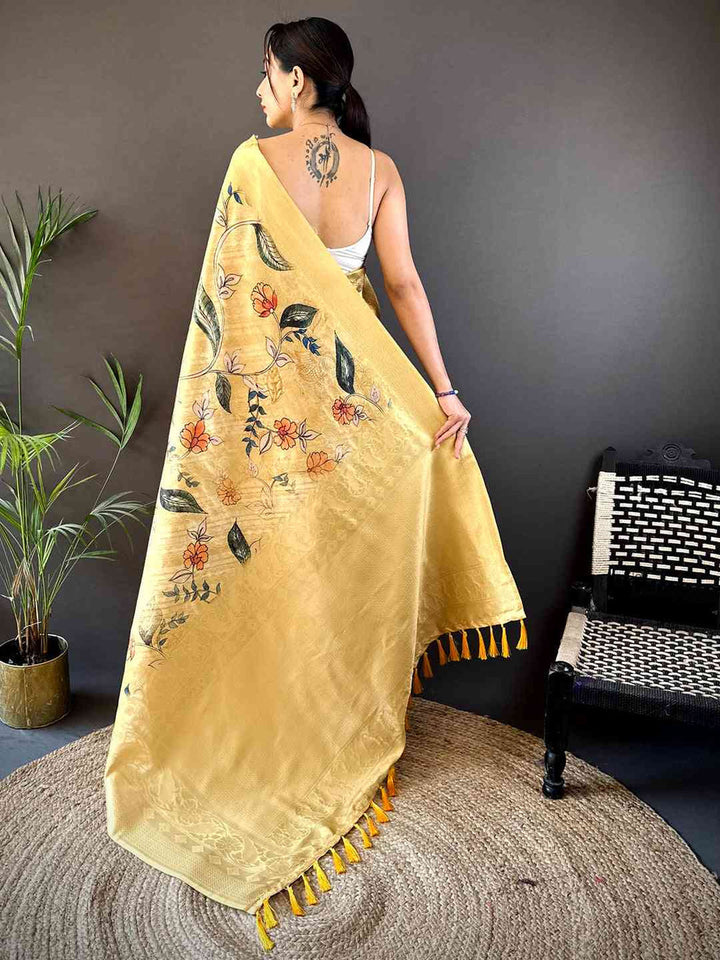 Yellow Handwoven Linen Saree with Floral Print & Tassel Border