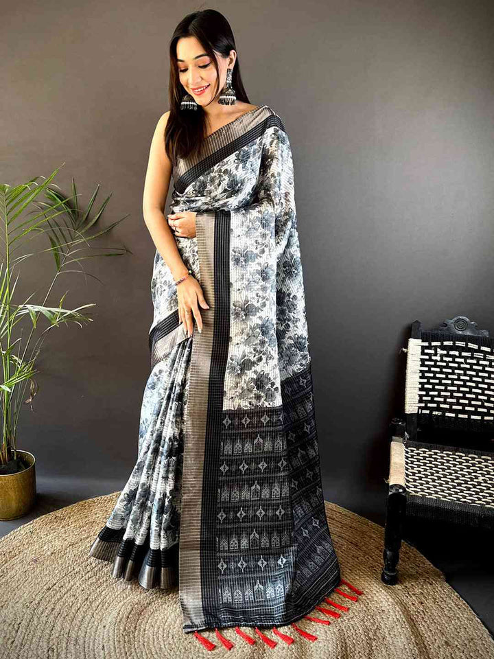 Black & Grey Floral Linen Saree with Woven Border and Red Tassels