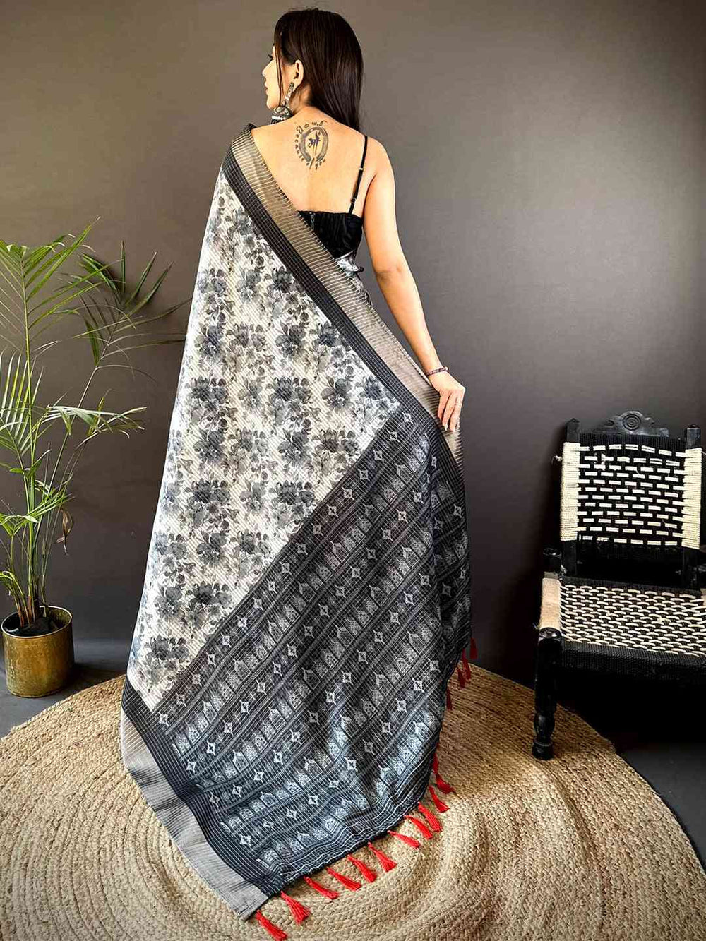 Black & Grey Floral Linen Saree with Woven Border and Red Tassels