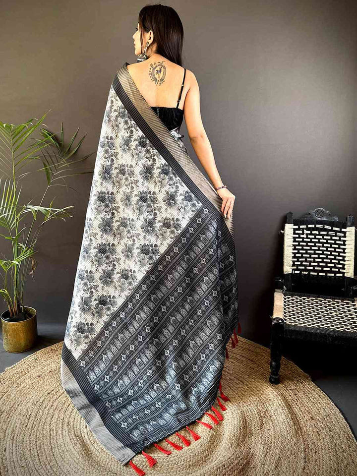 Black & Grey Floral Linen Saree with Woven Border and Red Tassels