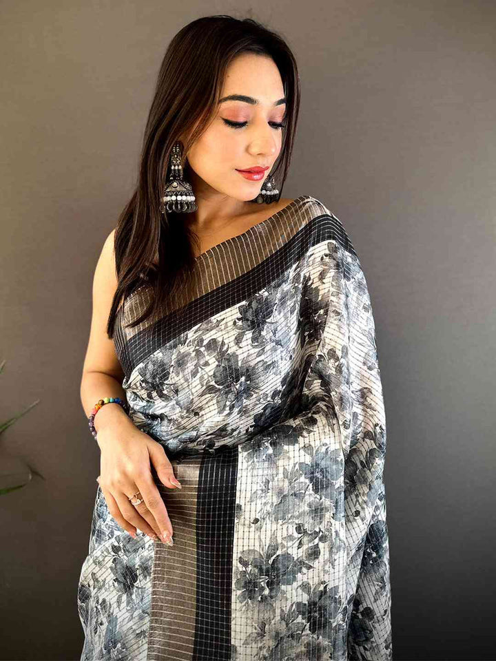 Black & Grey Floral Linen Saree with Woven Border and Red Tassels